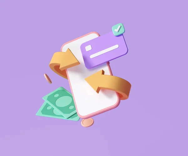 Nakit para ve para iade ikonu konsepti. Cüzdan, dolar ve bozuk para yığını, pembe arka plan için online ödeme. 3d sonlayıcı illüstrasyon