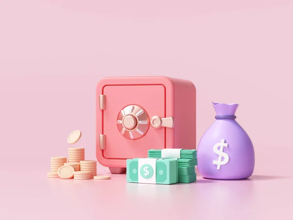 Kırmızı kasa içinde bozuk paralar ve pembe arka planda dolar desteleri halinde para fontu görüntüsü var. 3d resimleme