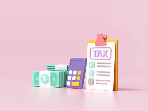 Tax payment and business tax concept. banknote, calculator and tax form on pink background. 3d render illustration