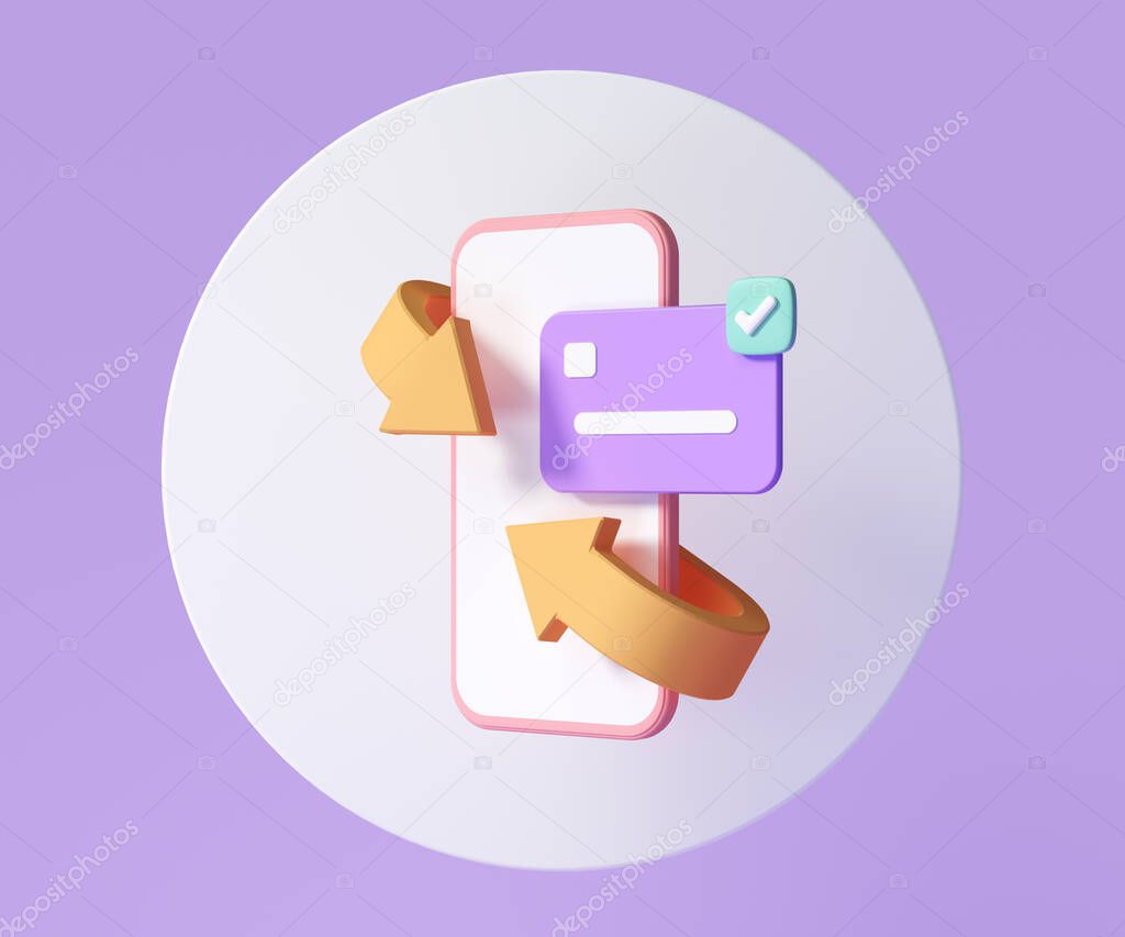 Mobile Cashback and money refund icon concept. Wallet, dollar bill and coin stack, online payment on pink background. 3d render illustration