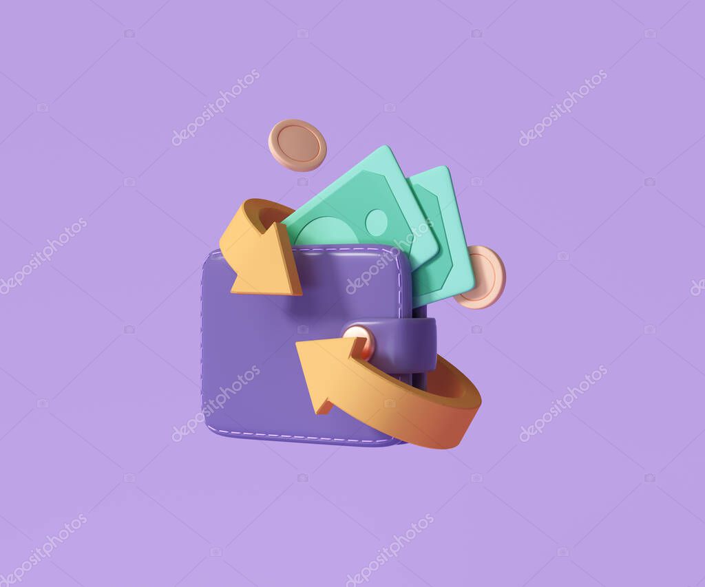 Cashback and money refund icon concept. Wallet, dollar bill and coin stack, online payment on pink background. 3d render illustration