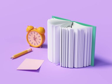 Çevrimiçi eğitim ya da e-öğrenim konsepti, mor arkaplan üzerine açık kitaplar, çevrimiçi dersler. 3d resimleme
