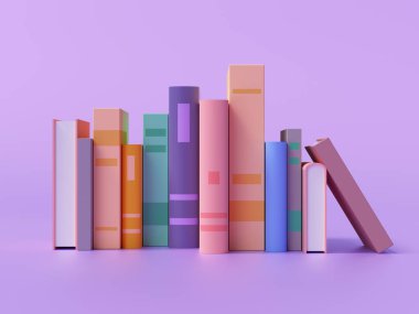 Mor arkaplan üzerine renkli kitap koleksiyonunun 3d görüntüleyicisi