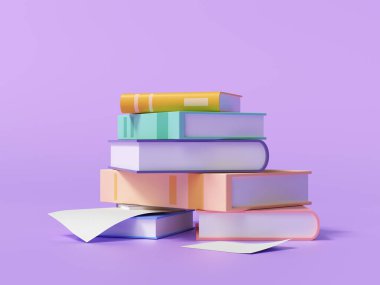 Mor arkaplan üzerine 3D kitap ve kağıt yığını