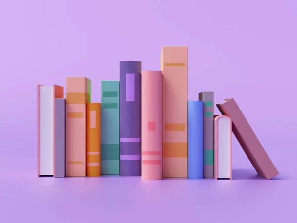 紫色の背景にカラフルな本のコレクションの3Dレンダリング — ストック写真