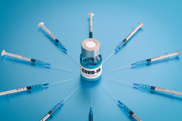 Covid Coronavirus Drug Vaccine Vials Medicine Bottles Syringe Injection Light — Stock Photo, Image