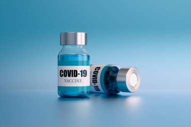 Açık mavi zemin üzerinde Coronavirus veya Covid-19 aşı ampulleri. Aşı ve Sağlık Hizmetleri Tıbbi Konsepti. 3d resimleme