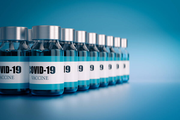Covid Vaccine Ampoules Coronavirus Vaccine Treatment Light Blue Background Render — Stock Photo, Image
