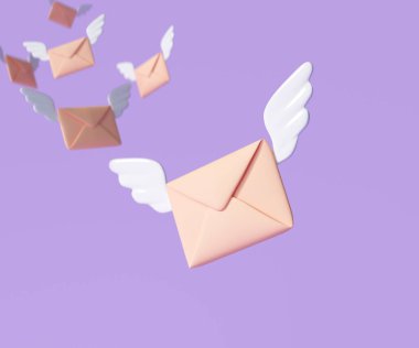 3D uçan zarf kanatları, gelen posta bildirimi, haber bülteni ve online e-posta konsepti. 3d resimleme