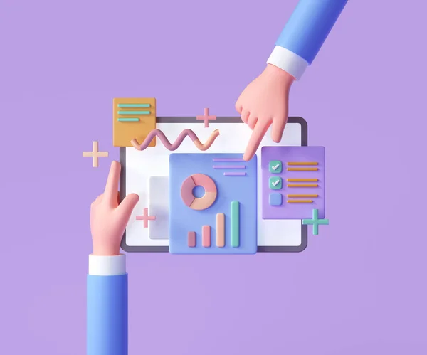 Çevrimiçi pazarlama, finansal rapor şeması, veri analizi ve web geliştirme kavramı. Veri tableti ile el ele tutuşmak. 3d resimleme