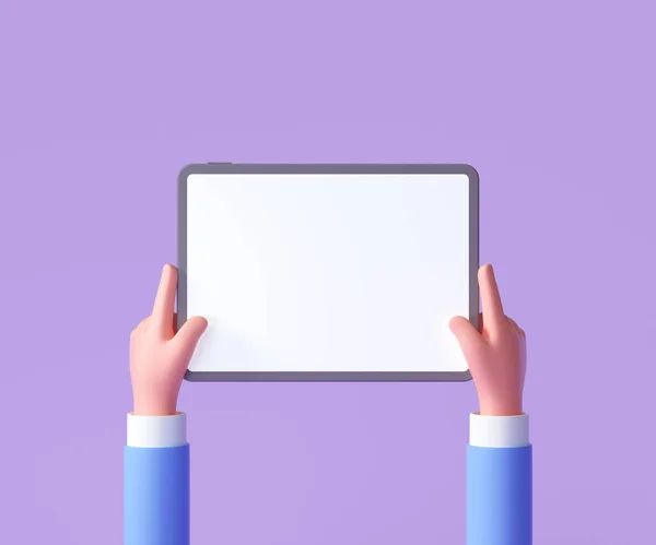 Cartoon Hand Hält Tablet Isoliert Auf Lila Hintergrund Hand Mit — Stockfoto