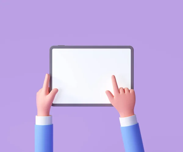 Cartoon Ręka Trzymając Tabletkę Izolowane Fioletowym Tle Ręka Przy Użyciu — Zdjęcie stockowe