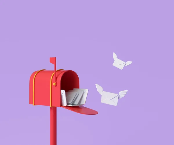 3D红色邮箱 有飞行信封 邮件递送和通讯概念 3D渲染说明 — 图库照片