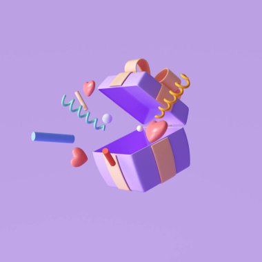 3D Mor sürpriz hediye kutusu, içinde nesne patlaması, selamlama, şanslı, özel teklif konsepti olan hediye kutusu. 3d resimleme
