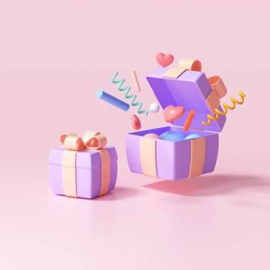 3 boyutlu sürpriz hediye kutusu, içinde nesne patlaması olan hediye kutusu, selamlama, şanslı, özel teklif konsepti. 3d resimleme