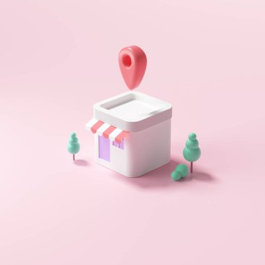 Harita iğnesi olan 3 boyutlu minimal dükkan, pembe arka planda ev. 3d resimleme