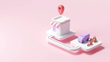 Ulaşım kamyonu ve scooter teslimat servisi müşteri evine, lojistik, paket teslim ikonu konseptine. 3d resimleme.