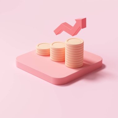 Kırmızı ok ve para desteleri pembe arka planda. Finansal başarı ve büyüme kavramı. 3d resimleme