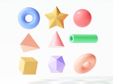 Renkli 3D nesne elementleri kümesi, torus, yıldız, küre, üçgen, tüp, izole edilmiş beyaz arkaplan. 3d resimleme