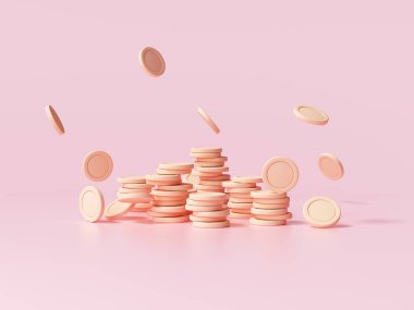 Pembe arka planda bozuk para yığını, iş yatırımı karı, para tasarrufu kavramı. 3d resimleme.