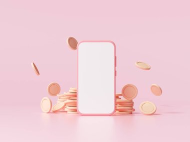 Akıllı telefon ve bozuk para yığınları pembe arka planda düşmekte olan madeni paralar, iş yatırımı karı, para tasarrufu kavramı. 3d resimleme.