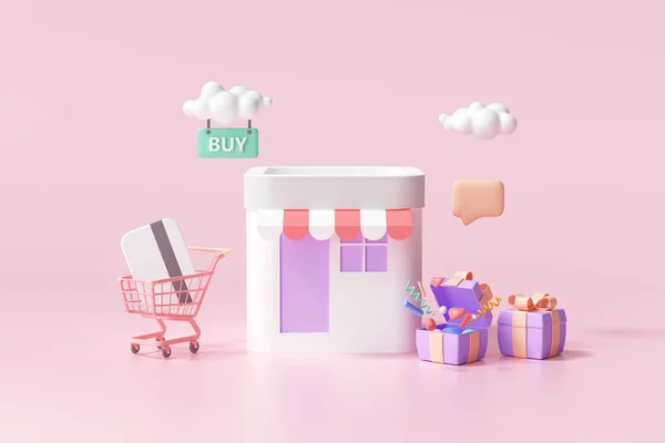 3D Online alışveriş mağazası, dijital pazarlama, online satın alma ve online ödeme konsepti. 3d afiş arkaplanı.