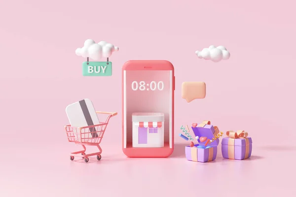 Online Shopping Auf Smartphone Applikationsservice Digitales Marketing Online Einkauf Und — Stockfoto