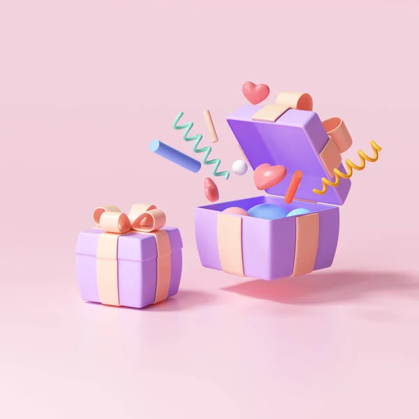 Überraschungsgeschenkbox Offene Geschenkbox Mit Objekten Explosion Gruß Glück Sonderangebotskonzept Darstellung — Stockfoto