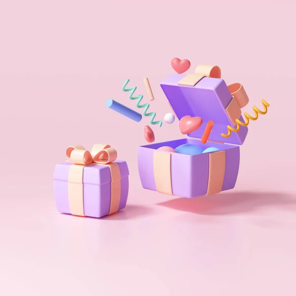 3 boyutlu sürpriz hediye kutusu, içinde nesne patlaması olan hediye kutusu, selamlama, şanslı, özel teklif konsepti. 3d resimleme