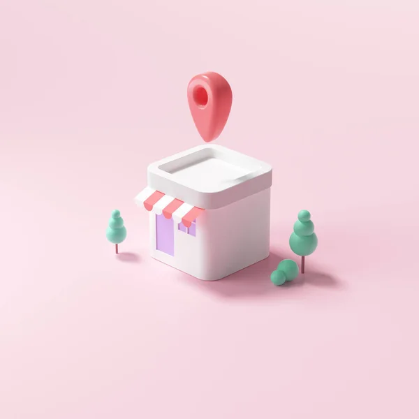 Harita iğnesi olan 3 boyutlu minimal dükkan, pembe arka planda ev. 3d resimleme