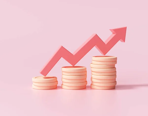 Kırmızı ok ve para desteleri pembe arka planda. Finansal başarı ve büyüme kavramı. 3d resimleme