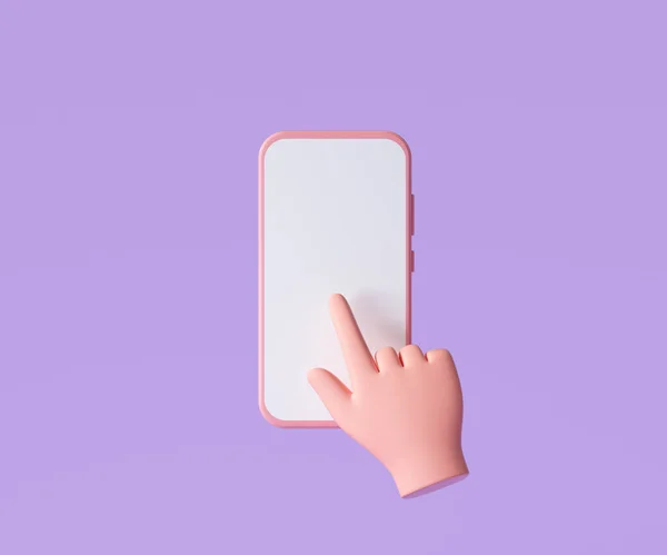 Cartoon Hand Holding Smartphone Isolated Purple Background Hand Using Mobile — Stock Photo, Image