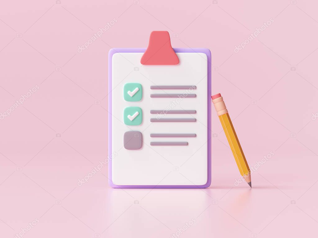 White clipboard with checklist on pink background. 3d render illustration.