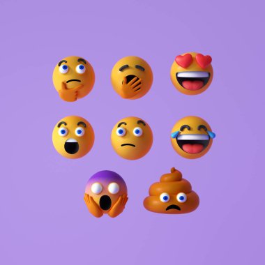 Gerçekçi Emoji ya da simge simgesi kümesi. Mor arka planda şaşırmış, komik ve kahkahalar atan Emojiler ya da emoticonlar. 3d resimleme.