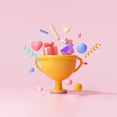 Pembe arka planda yüzen hediye, kalp, kurdele ve geometrik şekilli 3 boyutlu kupa, kutlama, kazanan, şampiyon ve ödül konsepti. 3d resimleme