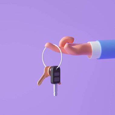 3 boyutlu karikatür el, mor arka planda anahtarları tutuyor. 3d resimleme
