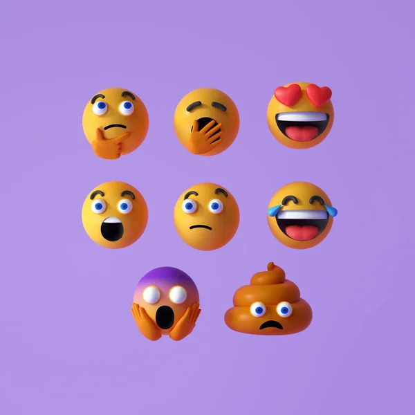 Gerçekçi Emoji ya da simge simgesi kümesi. Mor arka planda şaşırmış, komik ve kahkahalar atan Emojiler ya da emoticonlar. 3d resimleme.