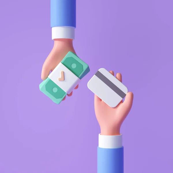 3D karikatür el yapımı banknot ve kredi kartını online ödeme konseptiyle takas et. İnternetten satın alma, Nakitsiz Toplum. 3d resimleme