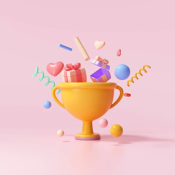 Pembe arka planda yüzen hediye, kalp, kurdele ve geometrik şekilli 3 boyutlu kupa, kutlama, kazanan, şampiyon ve ödül konsepti. 3d resimleme