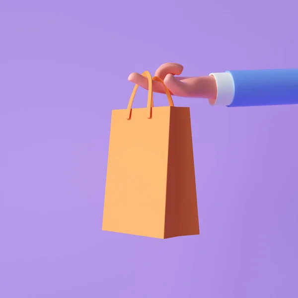 3d cartoon hand holding shopping bags on purple background, online shopping, sale promotion concept. 3d render illustration