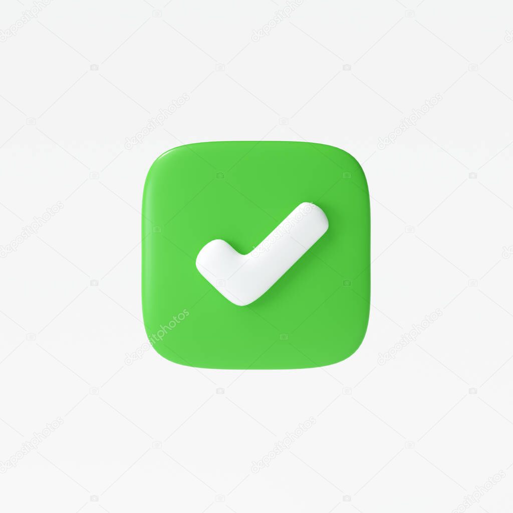 Like or correct symbol icon isolated white background, checkmark button, mobile app icon. 3d render illustration