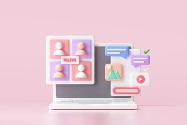 3D Sosyal medya platformu, çevrimiçi sosyal iletişim uygulamaları konsepti, emoji, web sayfası, arama simgeleri, akıllı telefon geçmişi olan sohbet ve grafik. 3d illüstrasyon