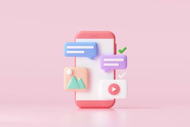 3D Sosyal medya platformu, çevrimiçi sosyal iletişim uygulamaları konsepti, emoji, web sayfası, arama simgeleri, akıllı telefon geçmişi olan sohbet ve grafik. 3d illüstrasyon