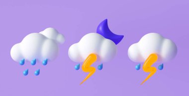 Set of 3D Weather icons for forecast design application and web. 3d render illustration. clipart
