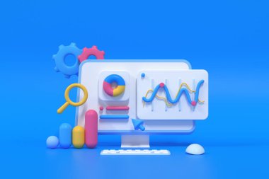 3D SEO optimizasyonu, web analizi ve seo pazarlama konsepti. 3d resimleme