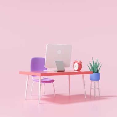Üç boyutlu masa ve evden çalışmak için bilgisayar ve online sohbet konsepti. 3d resimleme