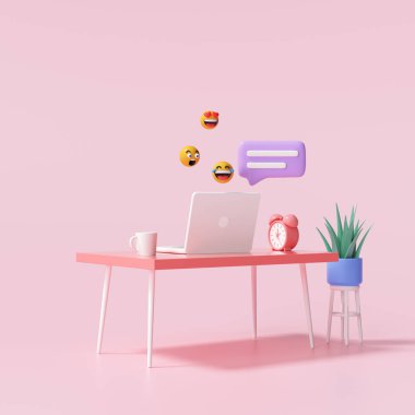 Üç boyutlu masa ve baloncuklu dizüstü bilgisayar evden ve online sohbet konseptinden iş için sohbet ve emoji. 3d resimleme