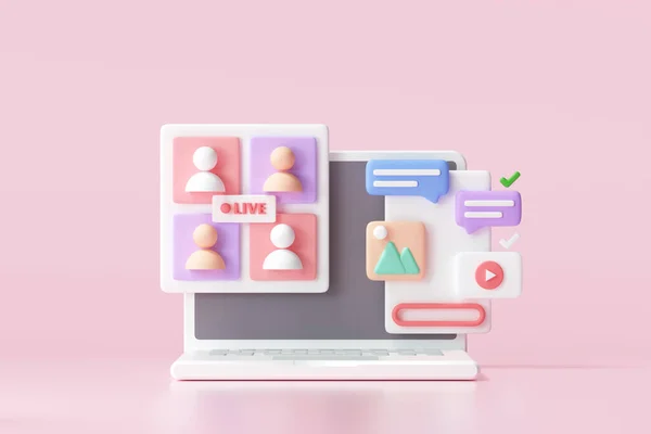 3D Sosyal medya platformu, çevrimiçi sosyal iletişim uygulamaları konsepti, emoji, web sayfası, arama simgeleri, akıllı telefon geçmişi olan sohbet ve grafik. 3d illüstrasyon