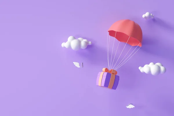 3D红色降落伞 装有紫色礼品盒 在云中飘扬 3D渲染说明 — 图库照片