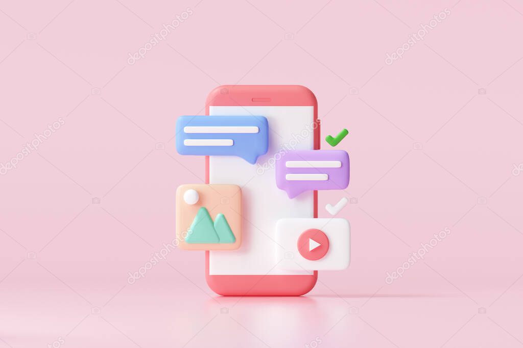 3D Social media platform, online social communication applications concept, emoji, webpage, search icons, chat and chart with smartphone background. 3d illustration